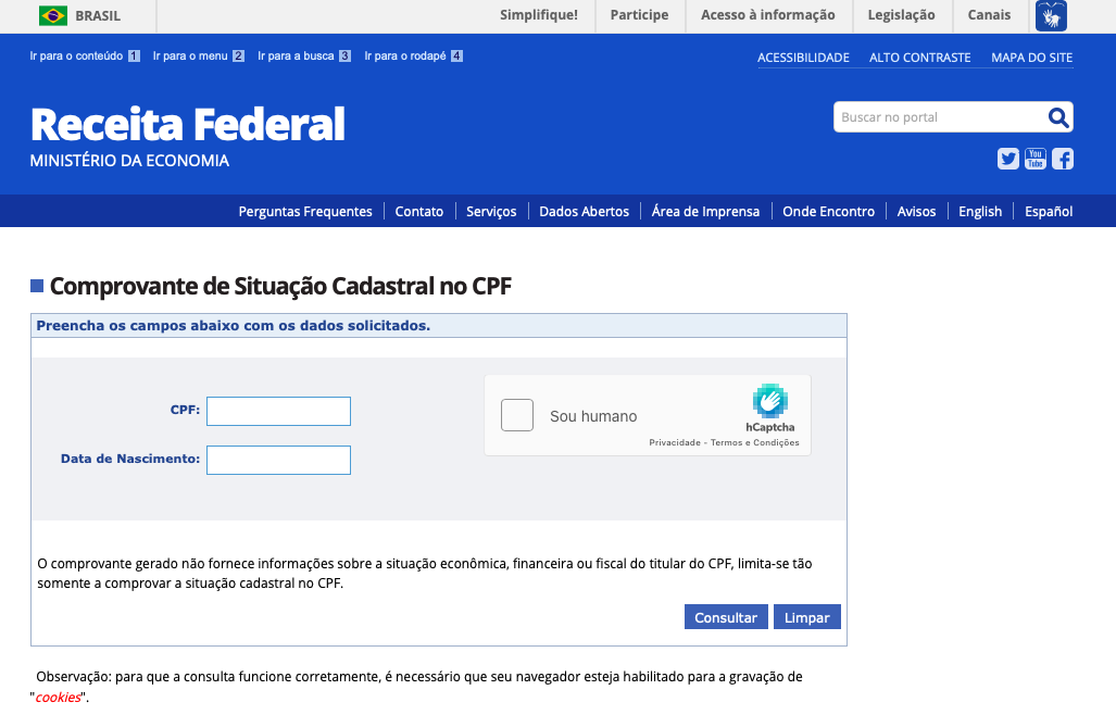 Captura de tela do site do Governo Federal - Receita Federal 